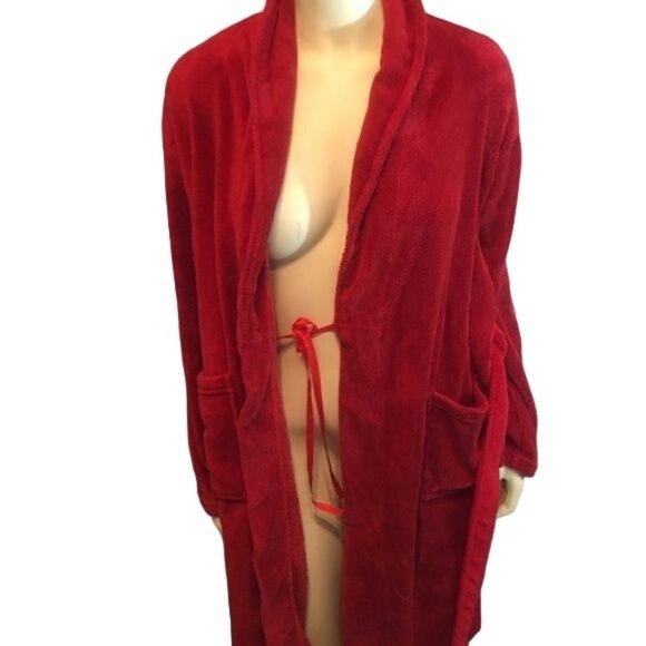 Hotel Spa Red Luxurious Soft Cozy Fleece Short Robe Size OSFM - Picture 2 of 5